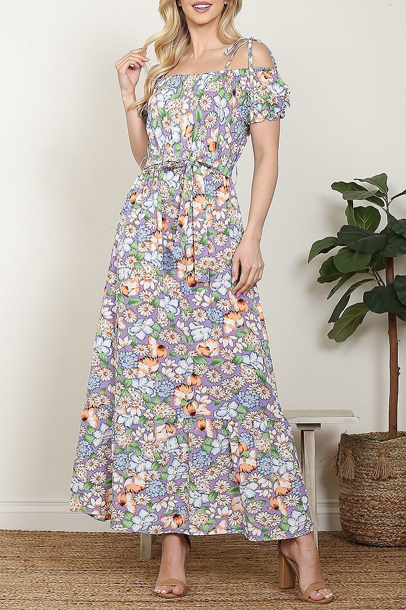 Maxi vestido manga corta y hombro caido,  estampado floral