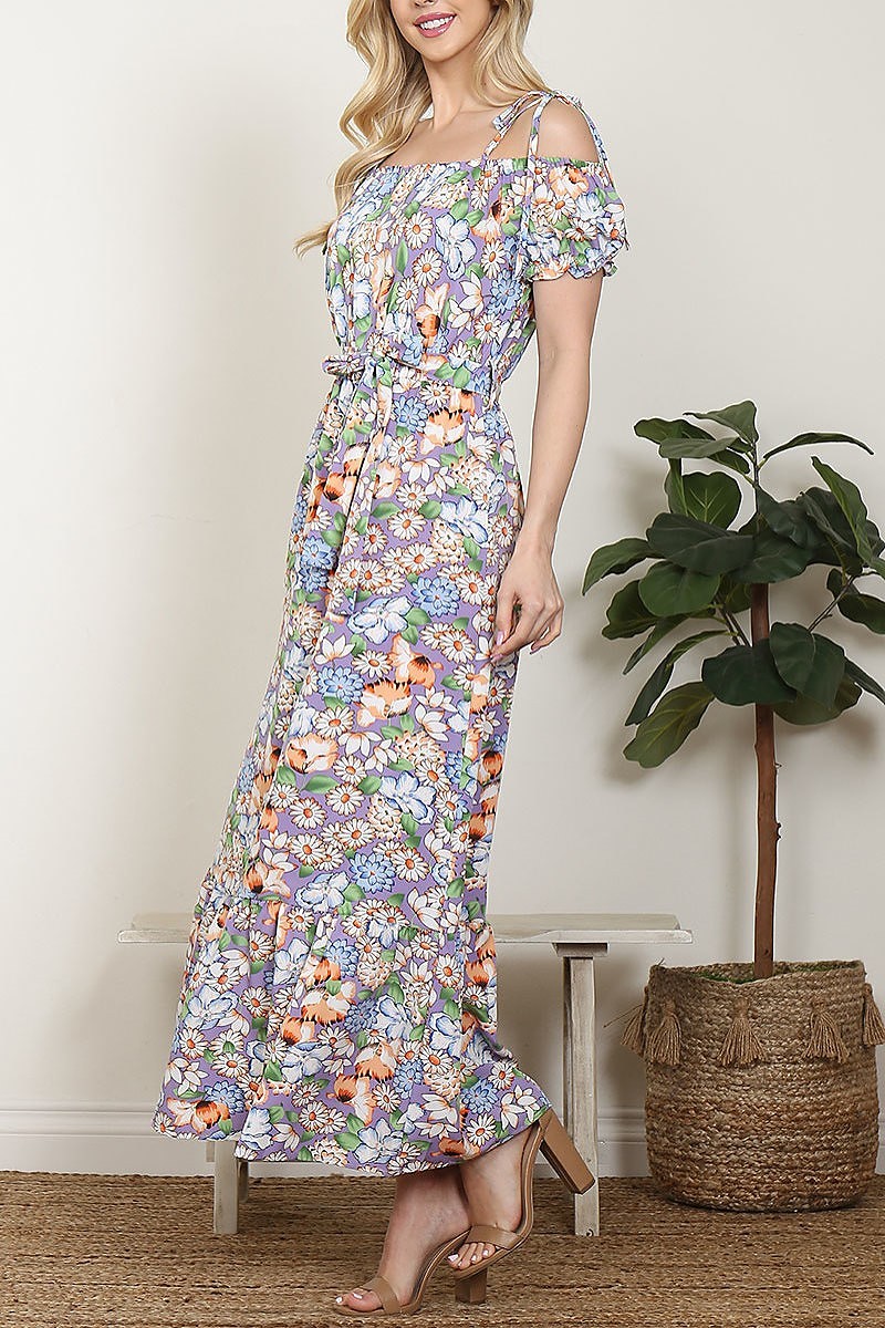 Maxi vestido manga corta y hombro caido,  estampado floral