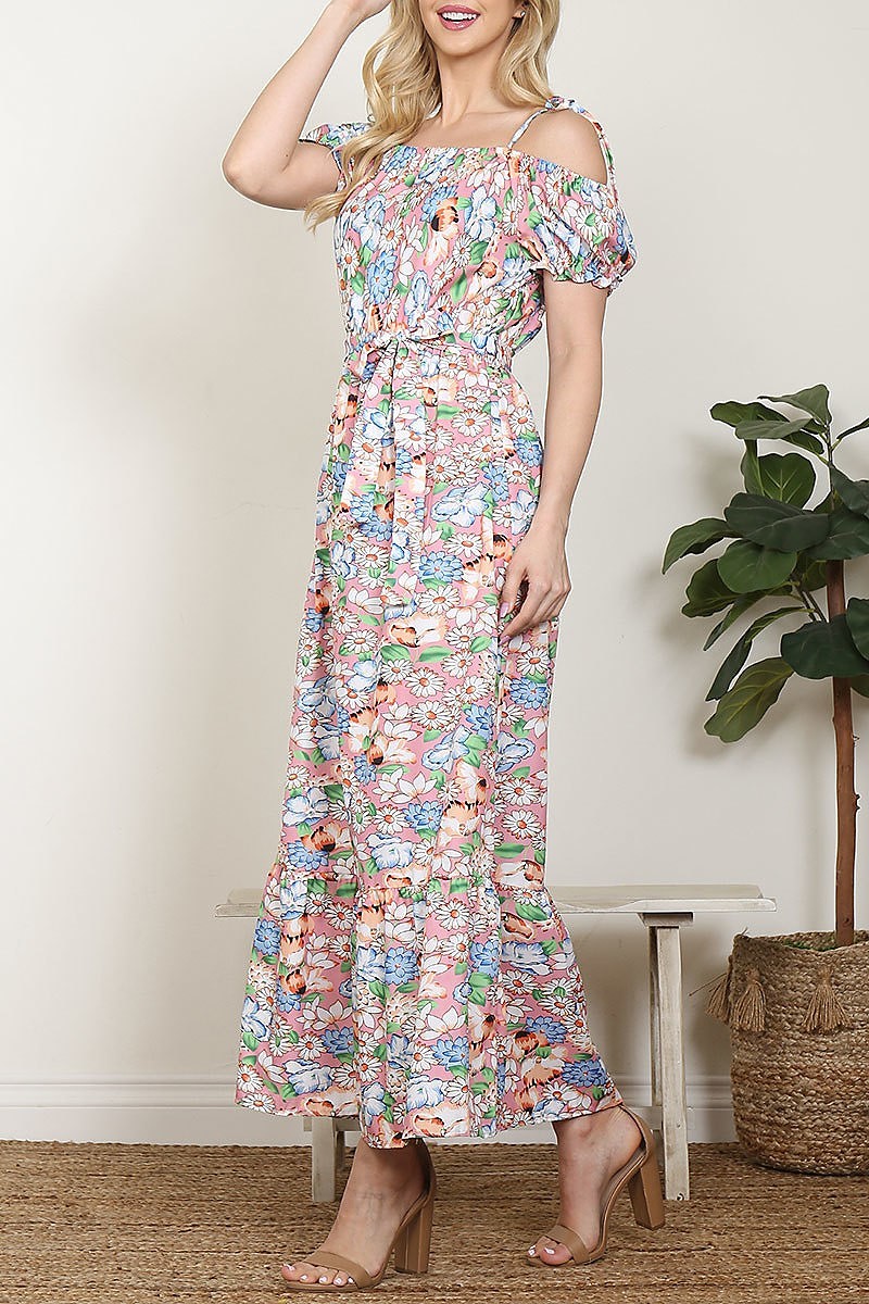 Maxi vestido manga corta y hombro caido,  estampado floral