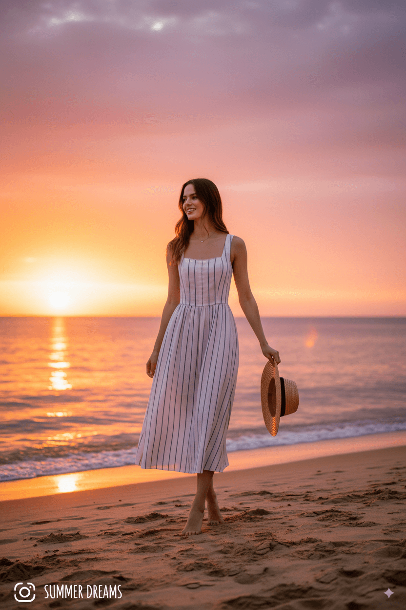 Vestido midi sin mangas con cierre tipo corset con finas rayas verticales