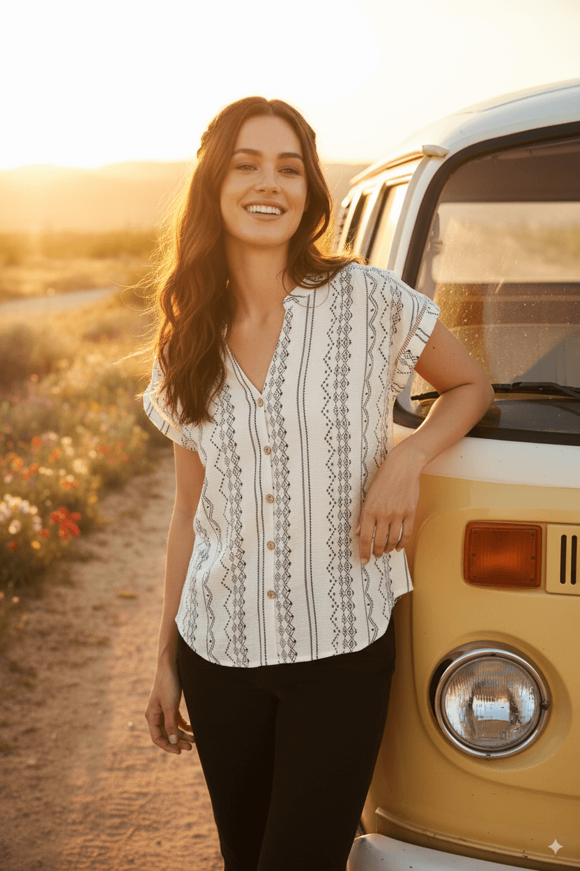 Blusa de manga corta con botones al frente y estampado tribal