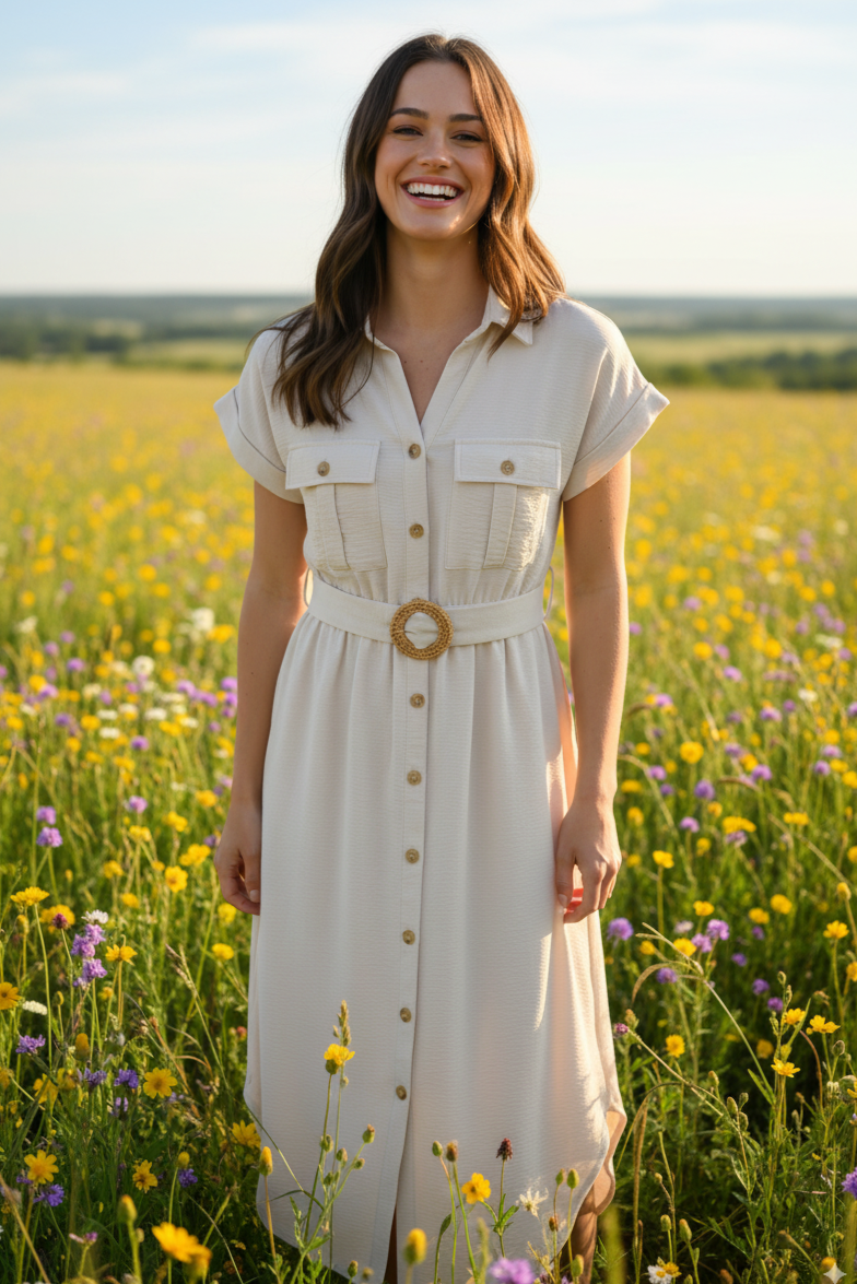 Vestido manga corta con botones al frente, y fajón incluido
