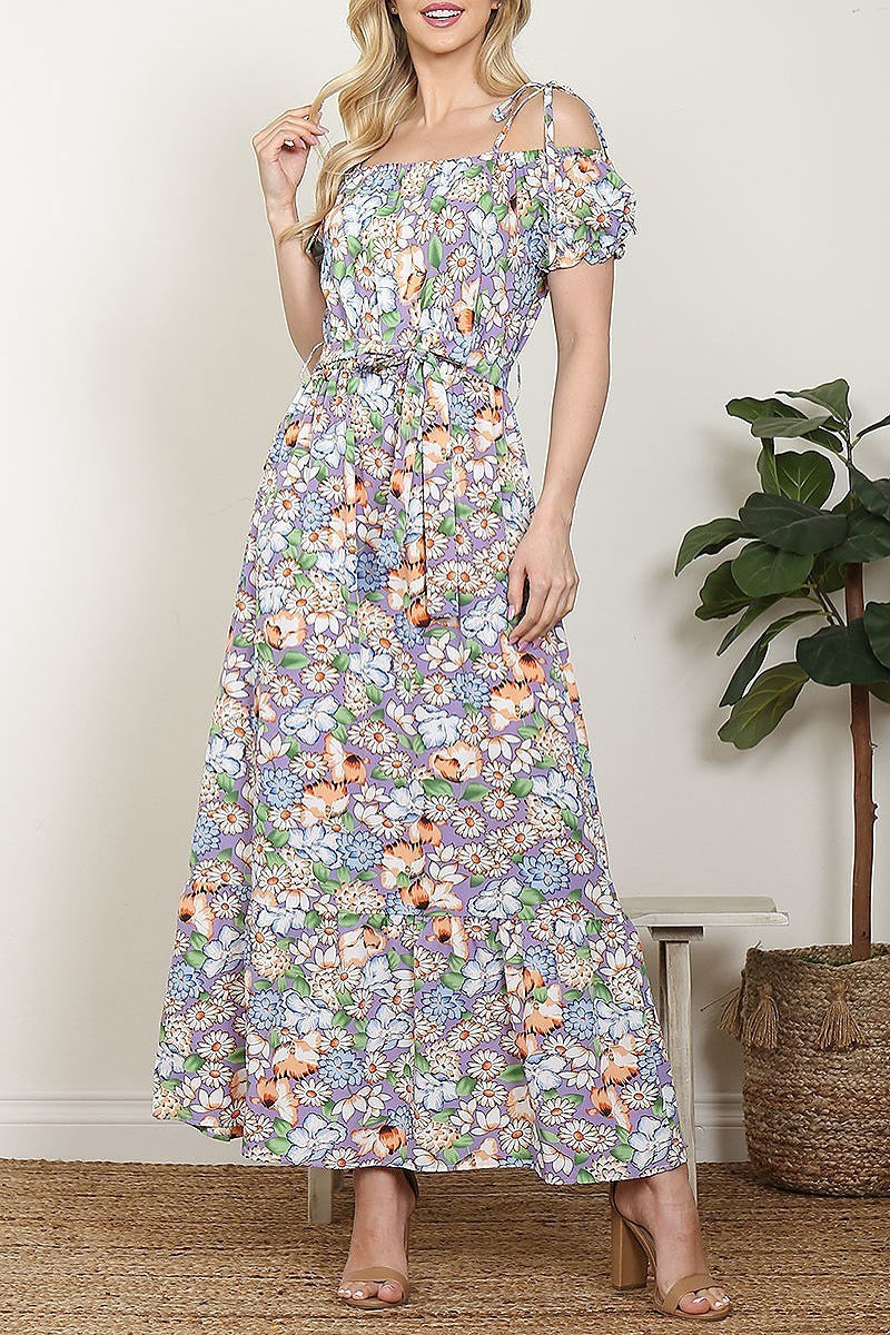 Maxi vestido manga corta y hombro caido,  estampado floral